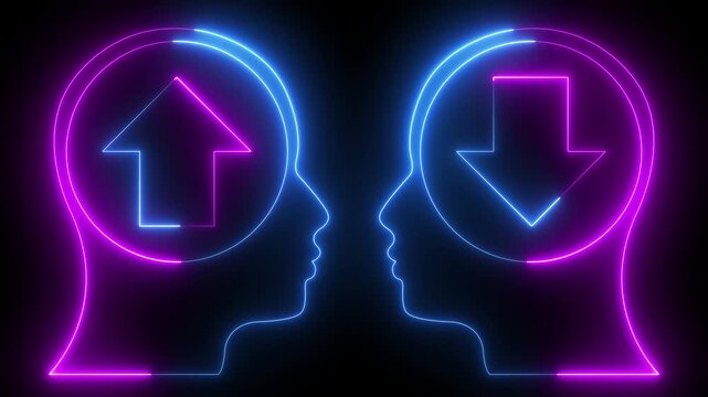 glowing neon growth mindset vs fixed mindset icon animation. Two head silhouettes facing each other. Arrow icons in opposite directions. .Mindset concept with head silhouette. Business solution.