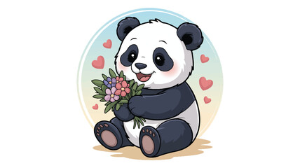 Cute panda bear holding a bouquet of flowers in a heart shaped frame