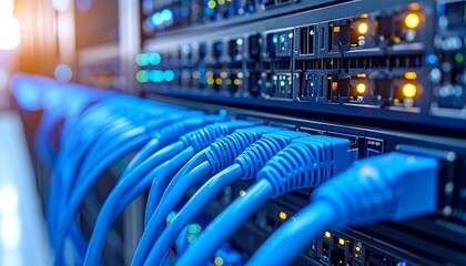 Close-up of blue network cables plugged into a server rack with blinking lights.