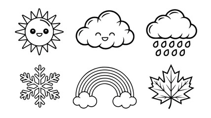 Cute weather icons with sun cloud rain snowflake rainbow and leaf