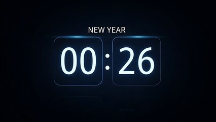 A digital countdown clock displaying '00:26' and 'NEW YEAR' against a dark, futuristic background.