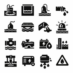 Set of water and pump system vector icons with symbols for maintenance and safety