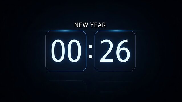 A digital countdown clock displaying '00:26' and 'NEW YEAR' against a dark, futuristic background. - Powered by Adobe