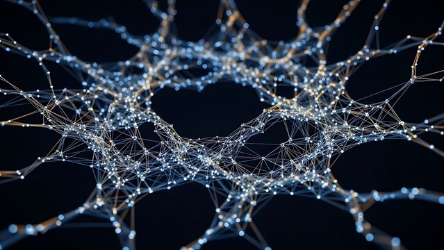 An abstract 3D render visualizes a complex network of interconnected glowing dots and lines on a dark background. - Powered by Adobe