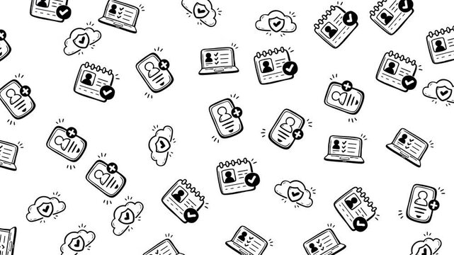 Doodle account management security user data profile verification digital seamless pattern suitable for cybersecurity presentations, user interface design, or digital identity concepts.