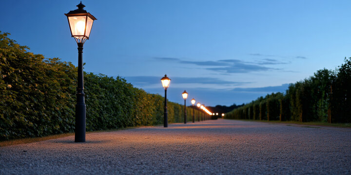 Row of vintage street lamps illuminating a gravel pathway lined with green hedges during twilight under a clear blue sky