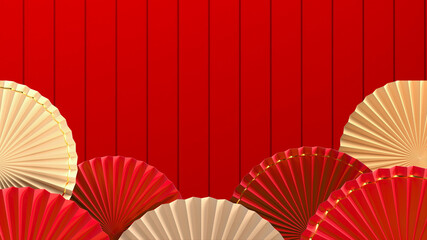 Modern Chinese New Year festive background with layered red and gold folding fans on a textured red backdrop. Perfect for corporate promotions, seasonal branding, social media campaigns