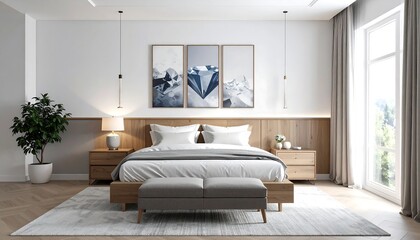 Modern Bedroom Interior Design with King Size Bed and Artwork.