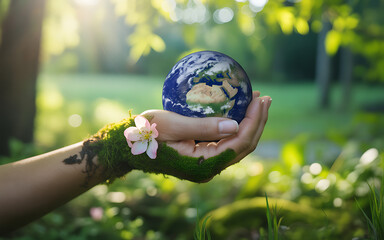 A mossy hand with a single pink blossom cradles the Earth globe outdoors bathed in golden sunlight