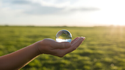 A persons hand carefully holds a glistening crystal ball reflecting a serene inverted green landscape