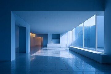 Modern architectural interior featuring expansive blue tones, sleek lines, and natural light creating a serene atmosphere with copy space for design elements