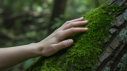 A persons hand gently touches vibrant green moss growing on a tree trunk in a tranquil forest setting