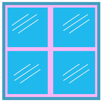 Blue window with a pink and blue frame.