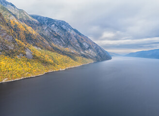 Teletskoye Lake from a bird's eye view,Landscape of the Altai Mountains in Siberia, Altai Republic, Russia