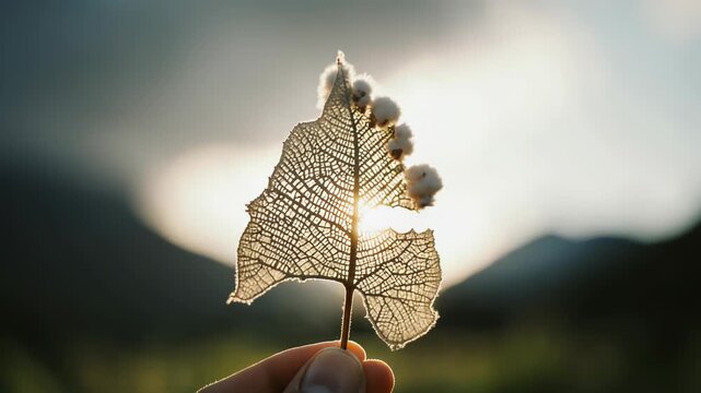 Hand Holding Dried Skeleton Leaf Against Sunlight