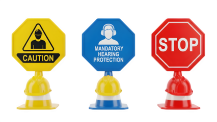 Safety signs on traffic cones for construction site warning and protection