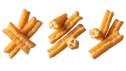 Golden cheese puffs isolated on black background for snack food advertising