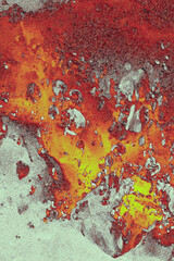 Abstract illustration stylized as oil paint with gray and white tones contrasted by red orange accents, evoking molten lava against snowy terrain. Dramatic textured background for posters, branding