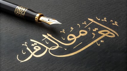 Large Ramzan Mubarak golden typography on black fabric texture background AI generated