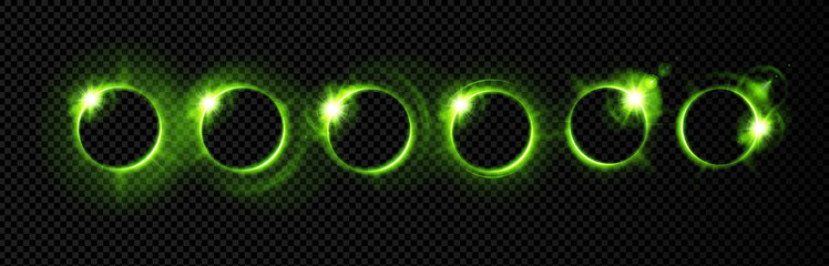 Aura halo circle with glow green light and neon sphere ring. Energy oval glowing with futuristic aura round and line motion rotation. Illuminated background aura with black digital glow and halo.