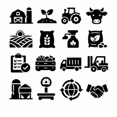 Agriculture icons: farm, tractor, cow, crops, fertilizer, logistics