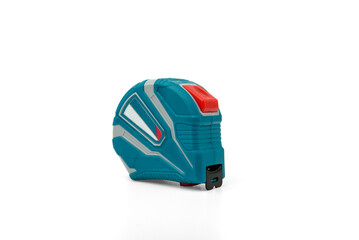 Green tape measure isolated on white background.