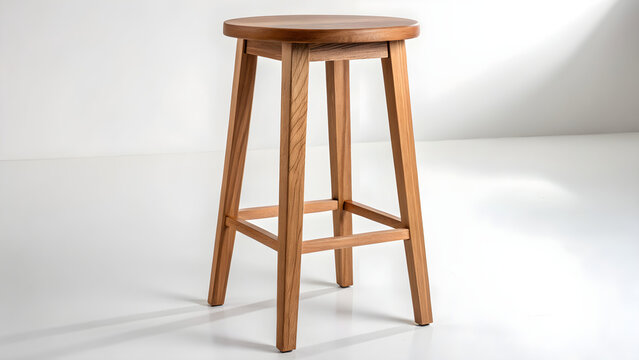 Wooden bar stool with four legs on white background