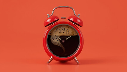 Red alarm clock with coffee-filled face on orange background symbolizing morning energy and caffeine boost