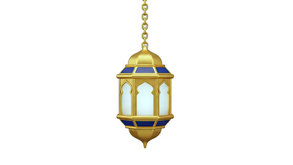Golden Islamic Lantern with Blue Accents Hanging on Chain