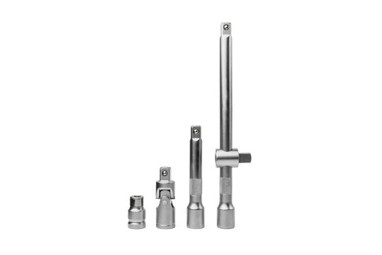 Set of straight extension for socket head, cardan and bit holder for ratchet wrench isolated on white background.
