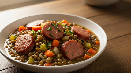 Hearty lentil soup with sausage and vegetables in a white bowl  