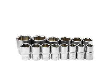 Set of interchangeable heads for ratchet wrench isolated on white background.