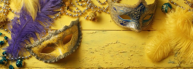 Carnival masks, feathers, and beads on a yellow wooden surface