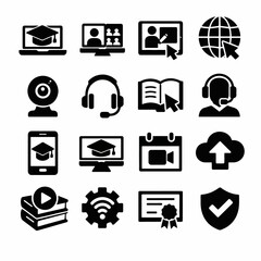Online education icons: e-learning, video calls, virtual classes, certificates, uploads