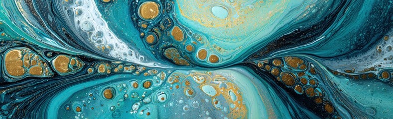 Abstract painting with teal, white, and gold hues