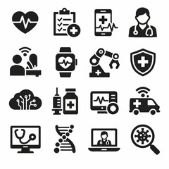 Health technology icons: medical devices and healthcare innovations