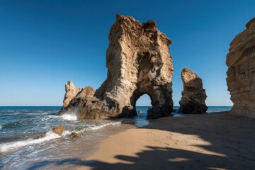 Coastal rock formations on a sunny beach