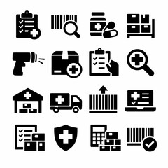 Medical inventory management icons set for healthcare logistics and pharmacy