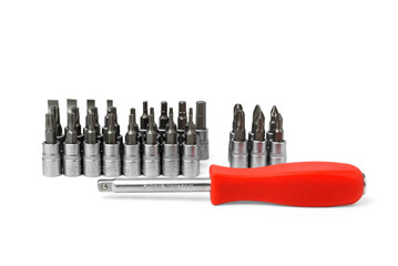 Screwdriver with replacable bit heads sets isolated on white background.