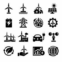 Renewable energy icons: wind turbines, solar panels, electric vehicles, sustainability