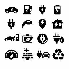 Electric vehicle and sustainable energy icons highlighting charging and renewable solutions