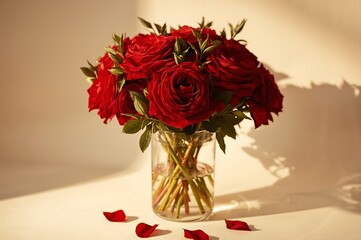 Fototapeta premium Valentine's Day floral arrangement with red roses in a clear vase on a white surface with dramatic lighting
