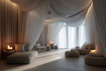 Calm luxury spa interior with soft draped fabric massage beds warm candlelight and neutral tones, showing relaxation wellness and peaceful self care atmosphere