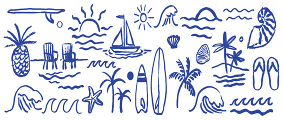 Hand-drawn doodles of summer vacation beach elements, including surfboards, palm trees, and ocean waves © Alamin vai vision 3