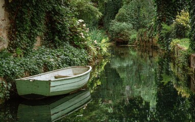 Tranquil garden waterway with a white boat