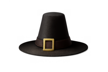 Pilgrim or puritan hat with gold buckle detail, representing colonial history and thanksgiving tradition, isolated on transparent background