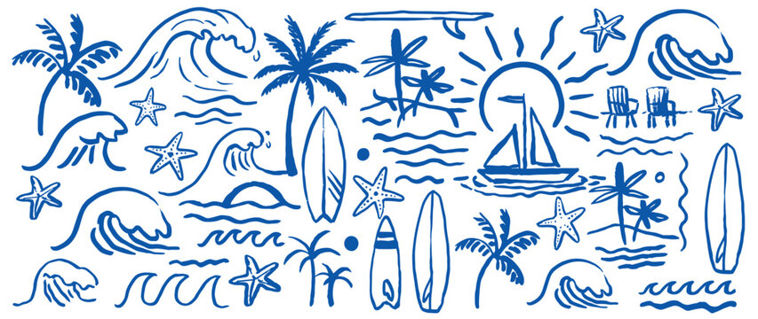 Hand-drawn blue beach and ocean doodles, a summer collection with waves, surfboards, palm trees, sailboat, and starfish on a white background