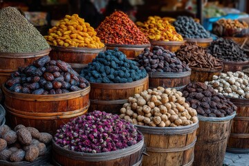 Colorful Dried Fruits and Spices in Wooden Basins