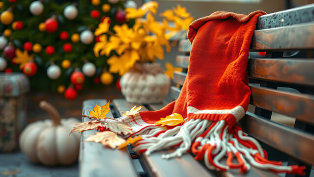 roter Strickschal mit K&uuml;rbis und bunten Bl&auml;ttern im Au&szlig;enbereich