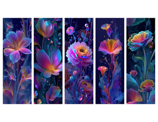 Fantasy Floral Bookmark Design Set with Glowing Flowers Digital Illustration